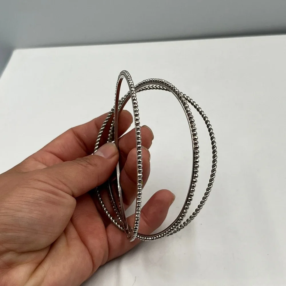 Vintage Silver-Tone Stacking Bangle Bracelets Set 3 Twisted Beaded Plain Texture